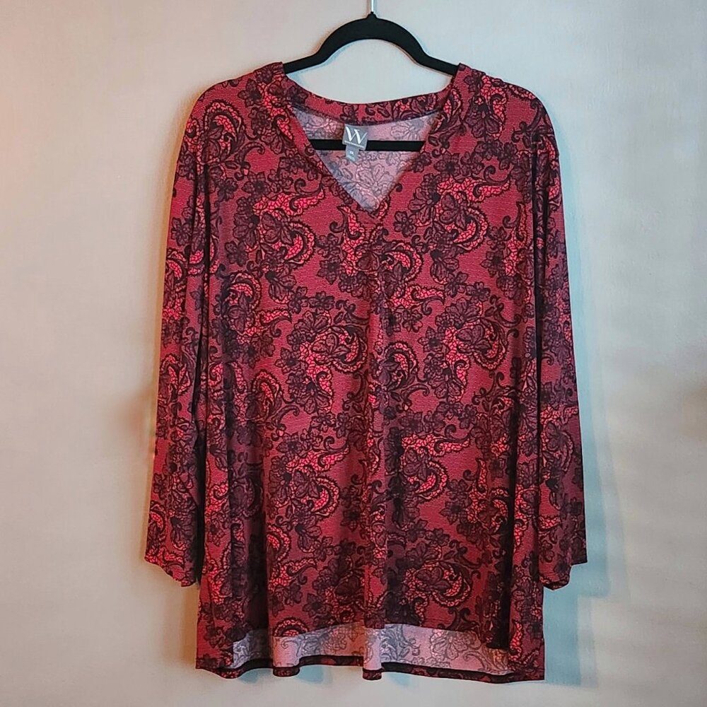 3X Red Paisley long sleeve top